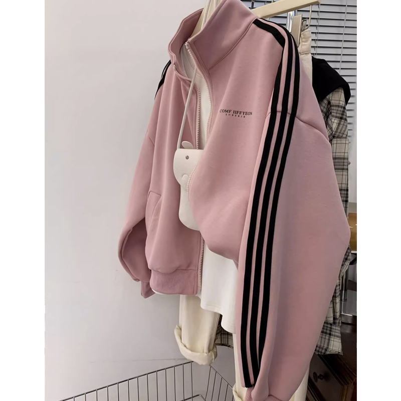 150.00kg Large Size Pink Stand Collar Sweater Women's Spring Fall and Winter Loose and Lazy Style Oversize Casual Cardigan Coat