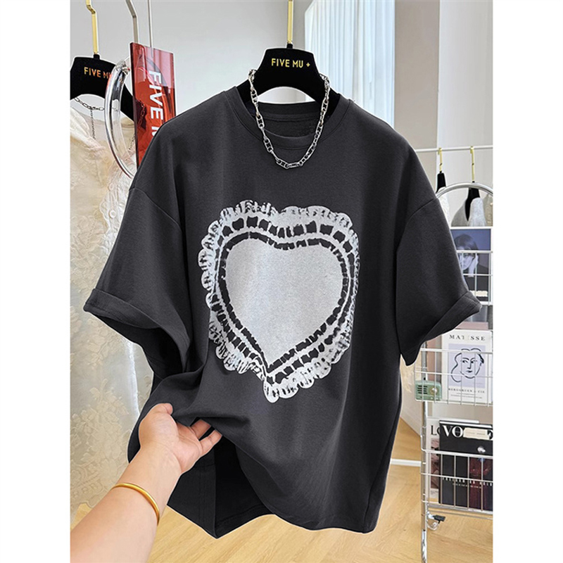 South Korea Dongdaemun Pure Cotton Plus Size Print Heart T-Shirt Women's Summer Loose and Lazy Style Short Sleeve T-shirt Top Tide