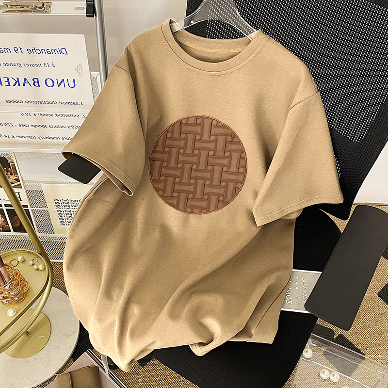 Recall Beauty Plus Size Brown Short Sleeve T-Shirt Women 2024 Summer Stylish Niche Style Loose Slim Fit 100.00kg Tops Women