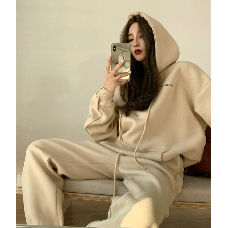 Extra Large Fat Girl Autumn and Winter Blazer Set Women 100.00kg Cardigan Hood plus Velvet Hoodie Straight Pants 2-Piece Set