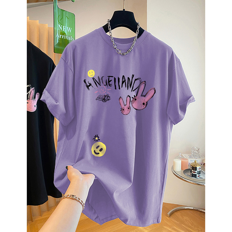 100.00kg Plus Size plus Size Purple T-shirt Female European Goods 2024 Summer New Arrival Sweet Cool Letters Printed Loose Top Tide