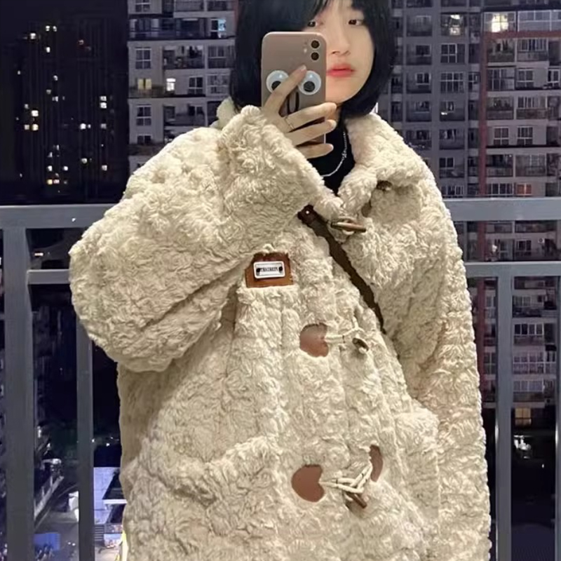 Core Sheep Love Ox Horn Buckle Woolen Plush Outerwear Women Winter New Loose Thick Furry Warm Cotton-Padded Clothes Fashion
