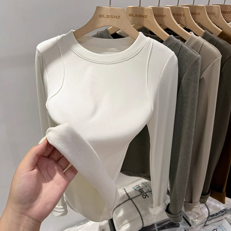 Chubby Girl Soft Glutinous Brushed Base Shirt Female Winter 2024 New round Neck Silm Slimming Thickened Long Sleeve Underwear Top