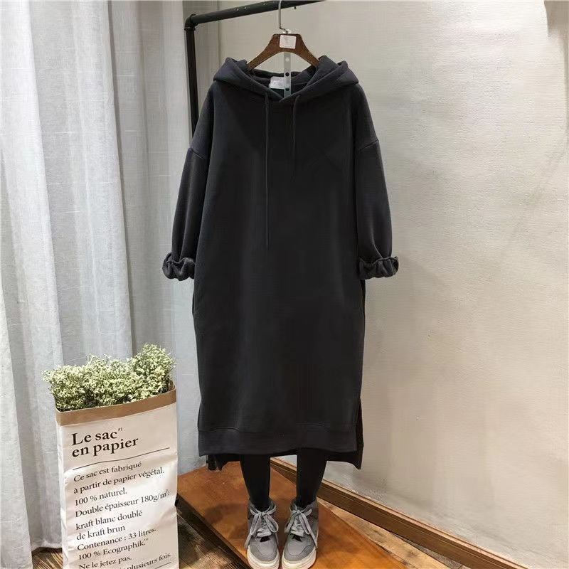 Fat M 1.00 Kg-150.00 kg Extra Large Autumn and Winter Solid Fleece-lined over the Knee Long Full Body Dress Loose All-Matching Sweater Dress Women