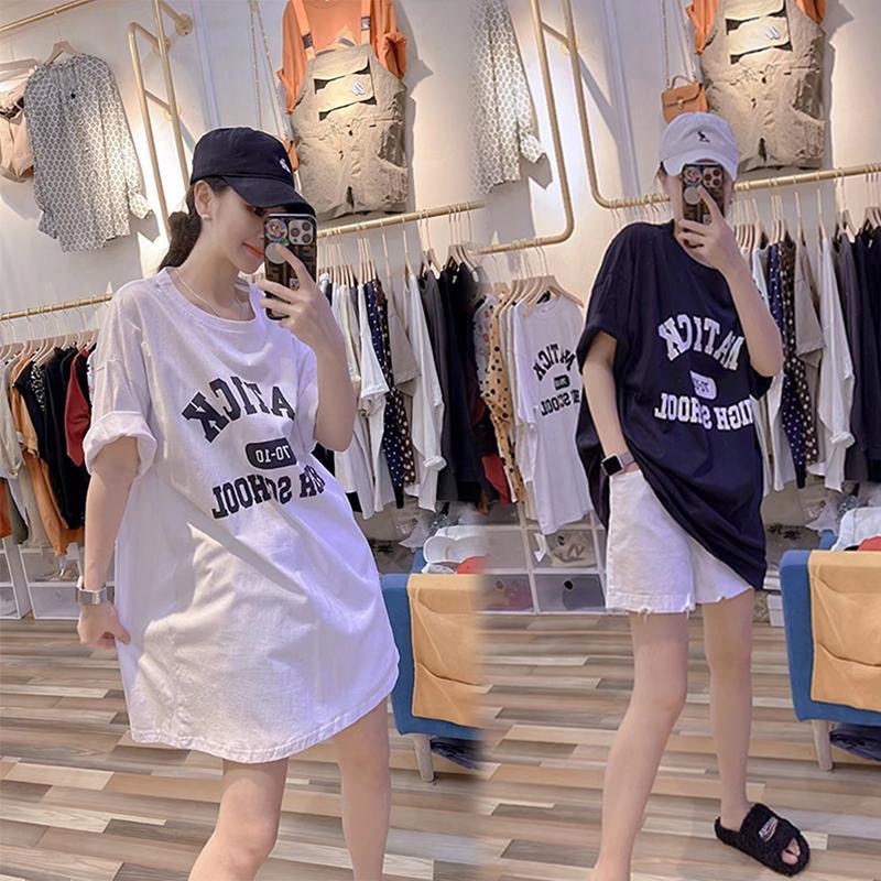 Plus size 1.00 Kg-150.00 kg Chubby Girl Loose Letters Print White Short sleeve Dress Slimming Meat Covering Mid-Length T-shirt Skirt