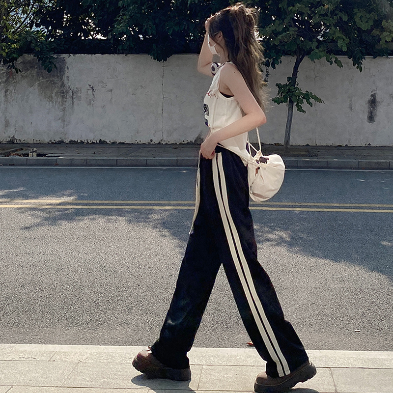 Plus Size 1.00 Kg-150.00 kg Vertical Stripes Straight-leg Sports Pants Women's Summer Easiest for Match K-style Loose Slim Looking Casual Loose Pants