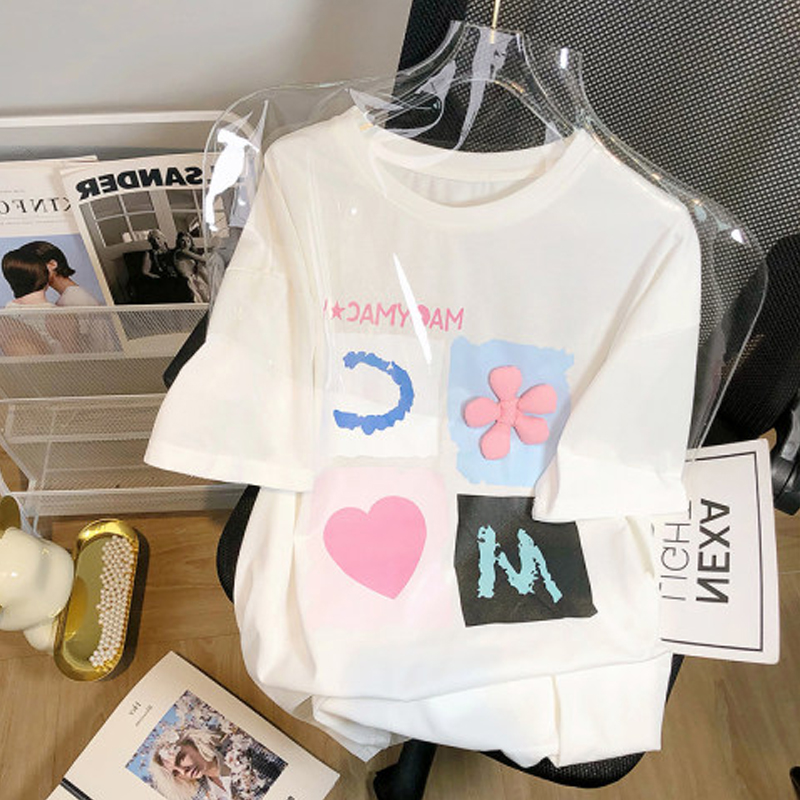Summer Three-Dimensional Flower Heart Letters Print Pure Cotton Short Sleeve T-Shirt Female Stylish Niche Style Korean Style Versatile Top