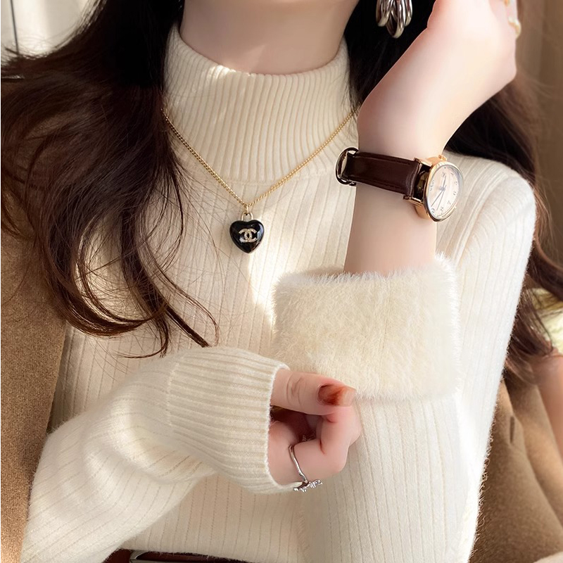 Half Turtleneck Extra Thick Sweater Women's Fall and Winter New Arrival Winter Thickened Single-Layer Fleece-Lined Bottoming Shirt Slim Fit Inner Wear Knitting Tops