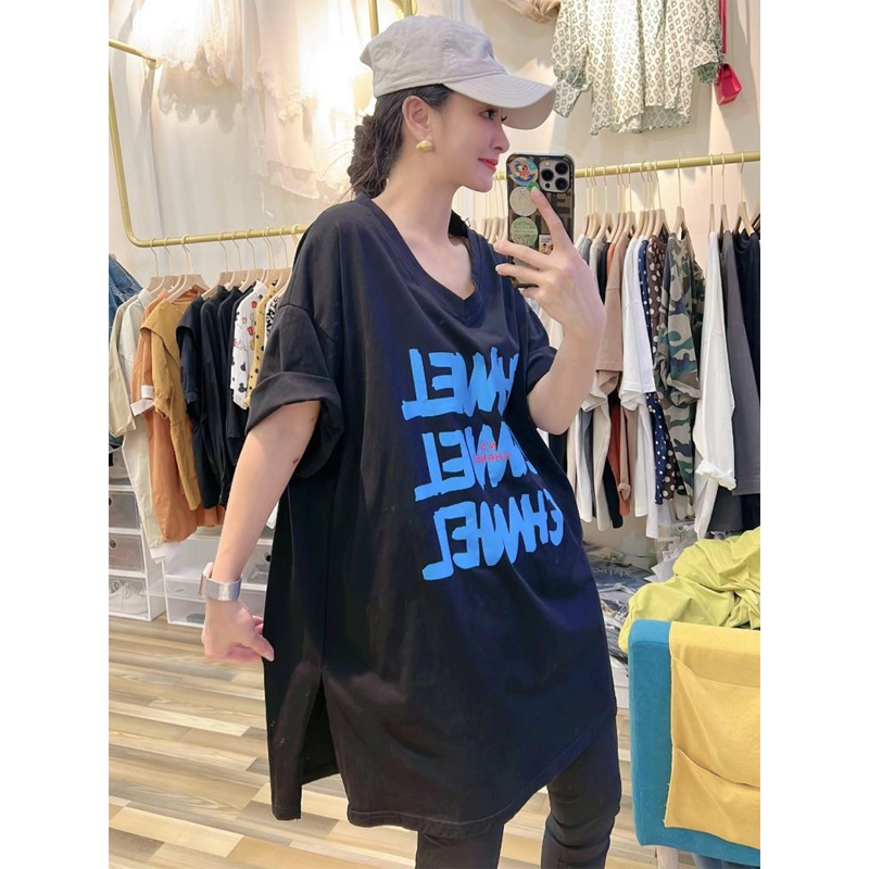 over Plus Size 1.00 Kg-150.00 kg Fat Girl Summer New V-neck Letter Print Short-Sleeve T-Shirt Female Easiest for Match Slit Hemline at Hem Tops