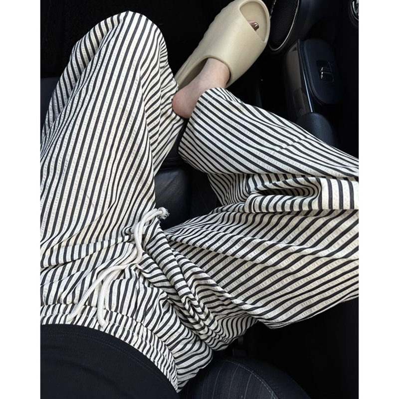 Plus Size Ice Silk Stripes Loose Pants Women's Summer Thin Draping Effect Loose Straight All-Matching Casual Slimming Pants