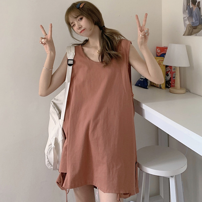 Sleeveless T-shirt Women Summer 2024 New Korean Style Ripped Loose Mid-Length Dress Casual Inner wear Vest Top