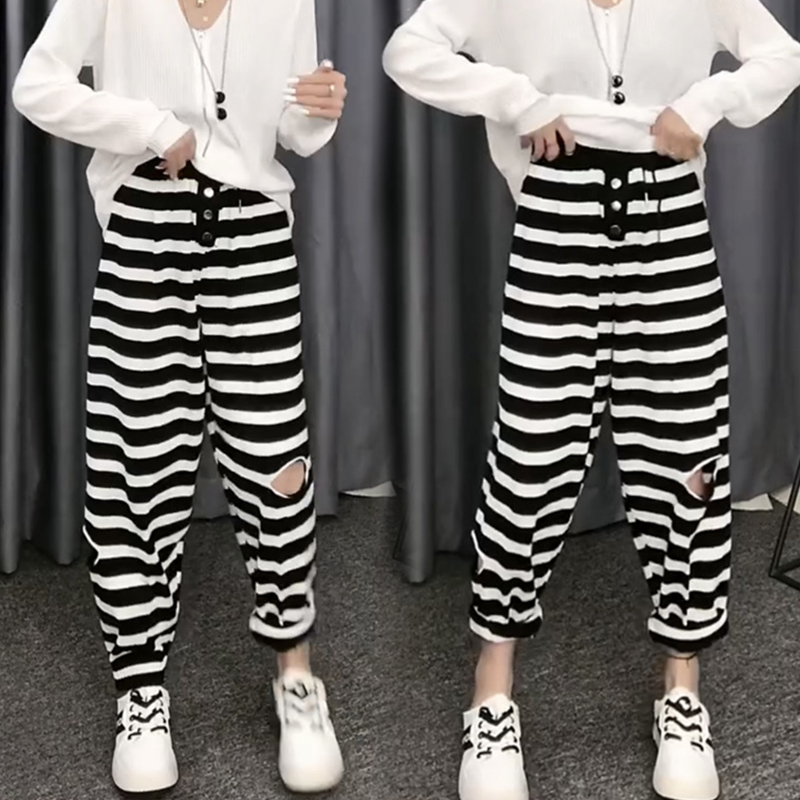 over Plus Size 1.00 Kg-150.00 kg Fat Girl Black and White Stripes Pairs Notch Casual Pants Women's Spring & Fall New Arrival Fashionable Stylish Harem Pants