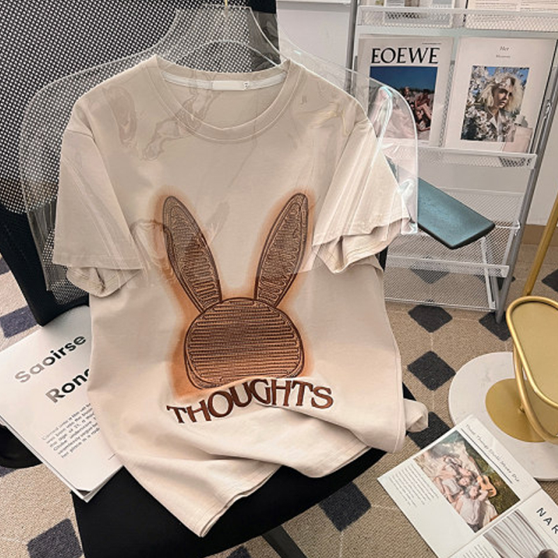 Fat Sister 1.00 Kg-150.00 kg Plus Size Women's Clothing Summer K-style Easiest for Match Loose Slim Looking Short Sleeve Pure Cotton T-shirt Rabbit Head Tops