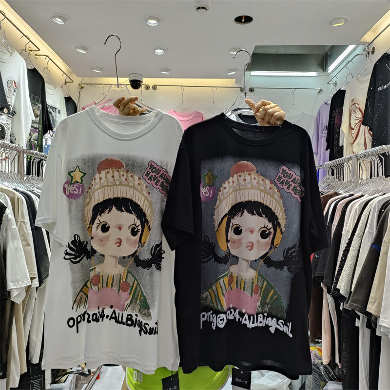 Chubby Girl 1.00 Kg-150.00 kg Plus Size European Goods 2024 Summer New Arrival Fun Girl Mid Length Long Length Pure Cotton Loose Short Sleeve T-shirt Female
