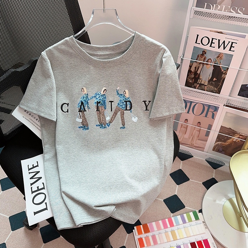 Plus Size Ladies Plus Size 100.00kg European Goods Gray Pure Cotton Short Sleeve T-Shirt Women's Summer New Arrival Shoulder Figure Flattering T-shirt Tops Tide
