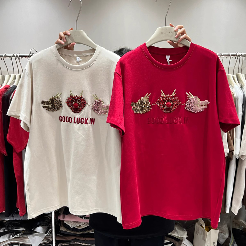 2024 Dragon Year New Arrival Plus Size Short Sleeve T-shirt Female Spring and Summer Machine Embroidery Loose Birth Year Red Half Sleeve Tops