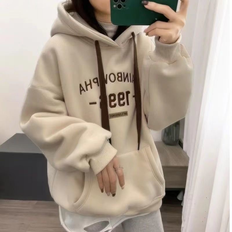 European Goods Plus Size 100.00kg Letters Embroider Velvet Padded Thickened Sweater Female Plus Size Ladies Casual Easiest for Match Flab Hiding Hooded Outwear