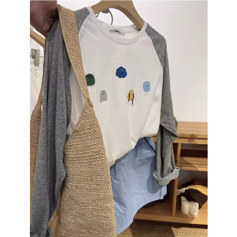 Plus Size Contrast Color Raglan Long Sleeves Sun Protective Blouse 2024 New Arrival Summer Loose Thin Breathable Print T-shirt Tops