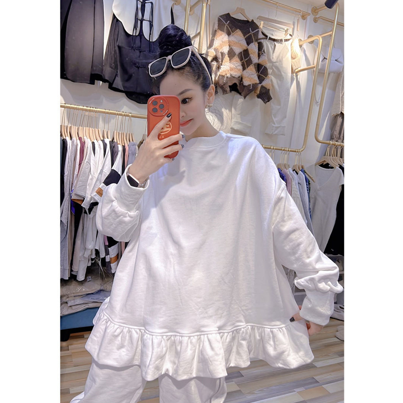 1.00 Kg-150.00 kg Big Woman Plus Size Spring and Autumn Ruffles White Casual Sweatshirt Female Easiest for Match Loose Western Style Tops Fashion
