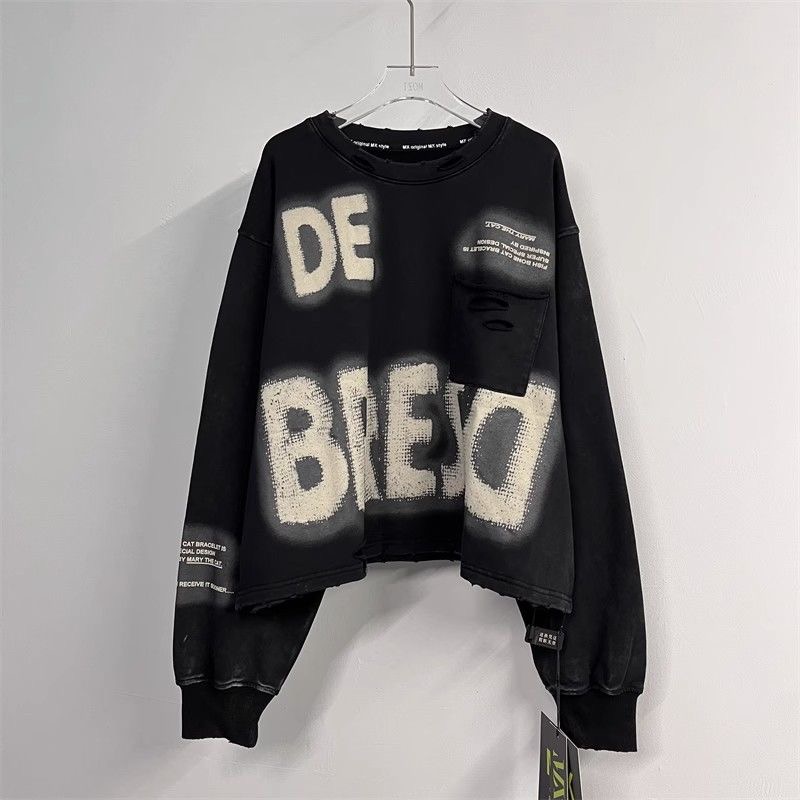 European Goods 1.00 Kg-150.00 kg Plus Size Ladies Autumn New Arrival Letters Print Make Old Ripped Loose Long Sleeve Sweatershirt Women's Shirt Fashion