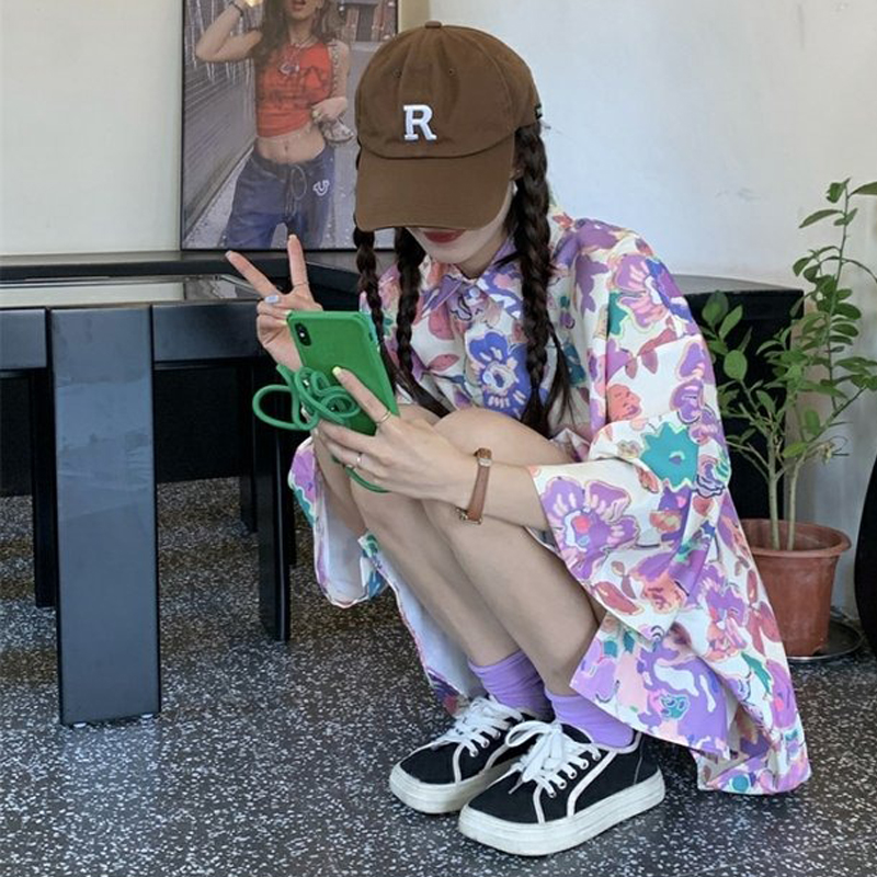 Sun Protection Clothing Plus Size Niche Style Hawaiian Style Floral Shirt Women's Summer Couple Loose Hong Kong Style Retro Short Sleeve Shirt