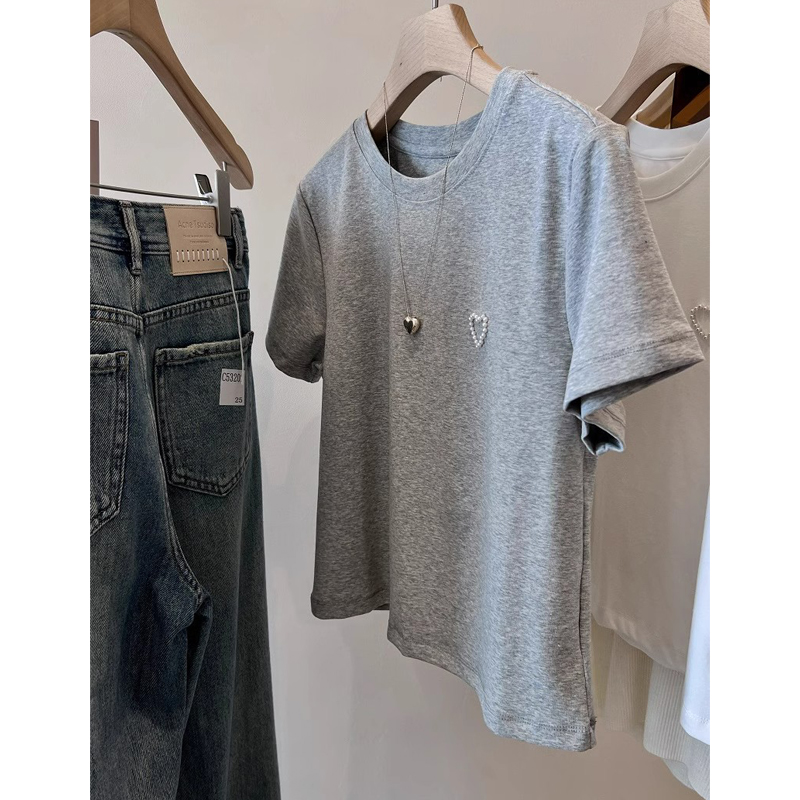 Chubby Girl Short Pure Cotton Heart Short Sleeve Female 2024 Summer Design New Arrival Embroider Slim Fit Slimming Top Small