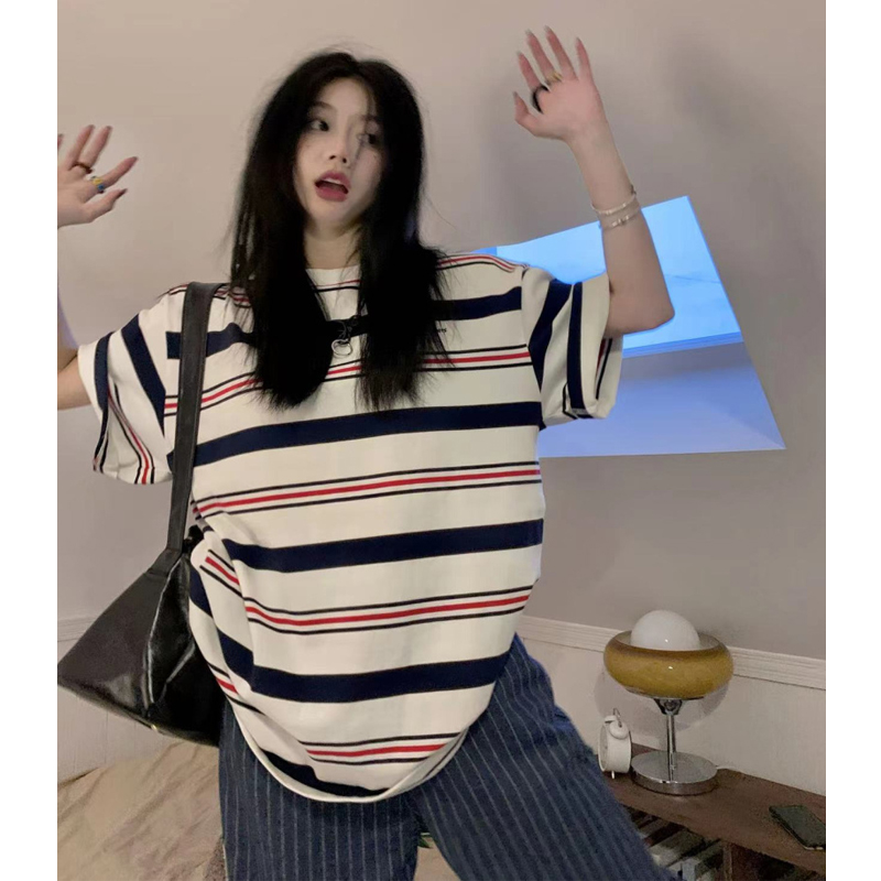 Summer Plus Size Stripes Short Sleeve T-Shirt Women's Ins Fashion All-Matching Loose and Lazy Style Pure Cotton Casual Half Sleeve Top