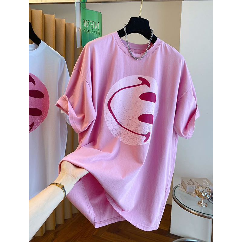 Super Plus Size 150.10kg 024 Summer Smiley Face Print Pattern Pure Cotton Short Sleeve T-Shirt Female Loose Leisure Slimming Tops