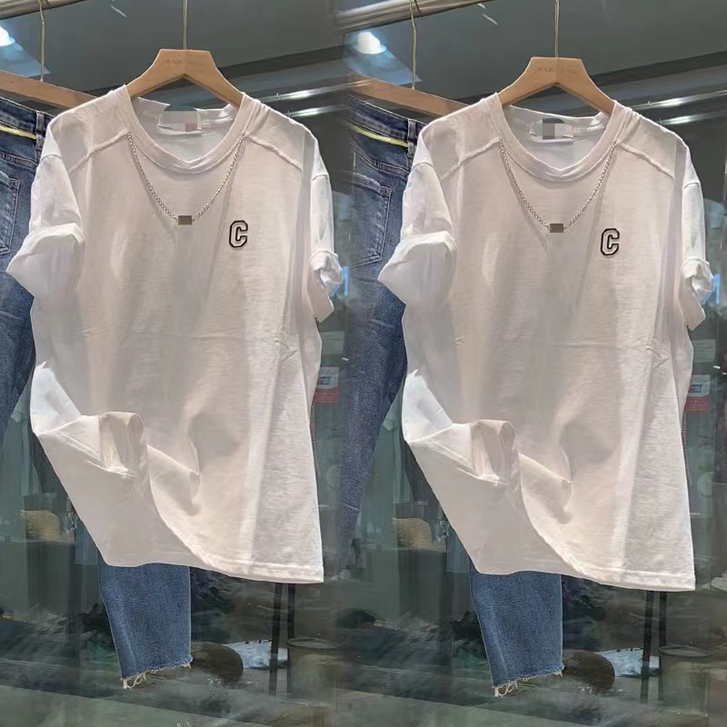 European Goods Plus Size 1.00 Kg-150.00 kg Short Sleeve T-Shirt Female 2024 New Arrival C Word Embroidered Chain Stylish 100% Cotton Coat Summer