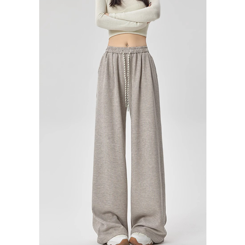 Plus Size Chubby Girl Slim Looking Fine Striped Pants Women's Brushed Knitting Glutinous Rice Draping Walking Lazy Mop Wide Leg Pants Flab Hiding
