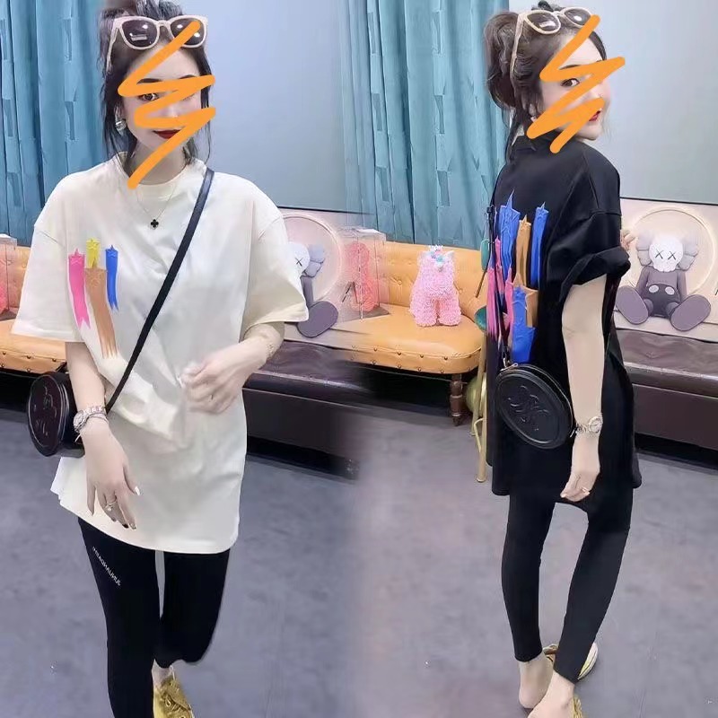 European Station Plus Size 1.00 Kg-150.00 kg Chubby Girl Short-Sleeved T-shirt Female 2024 Summer New Arrival Graffiti Printing Mid Length Long Length Tops