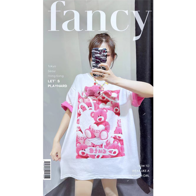 Extra Large Size 1.00 Kg-150.00 kg Plus Size Ladies Pure Cotton Cartoon Print Patchwork Short-Sleeved T-shirt Female Summer Loose Slim-Looking Half-Sleeved Top