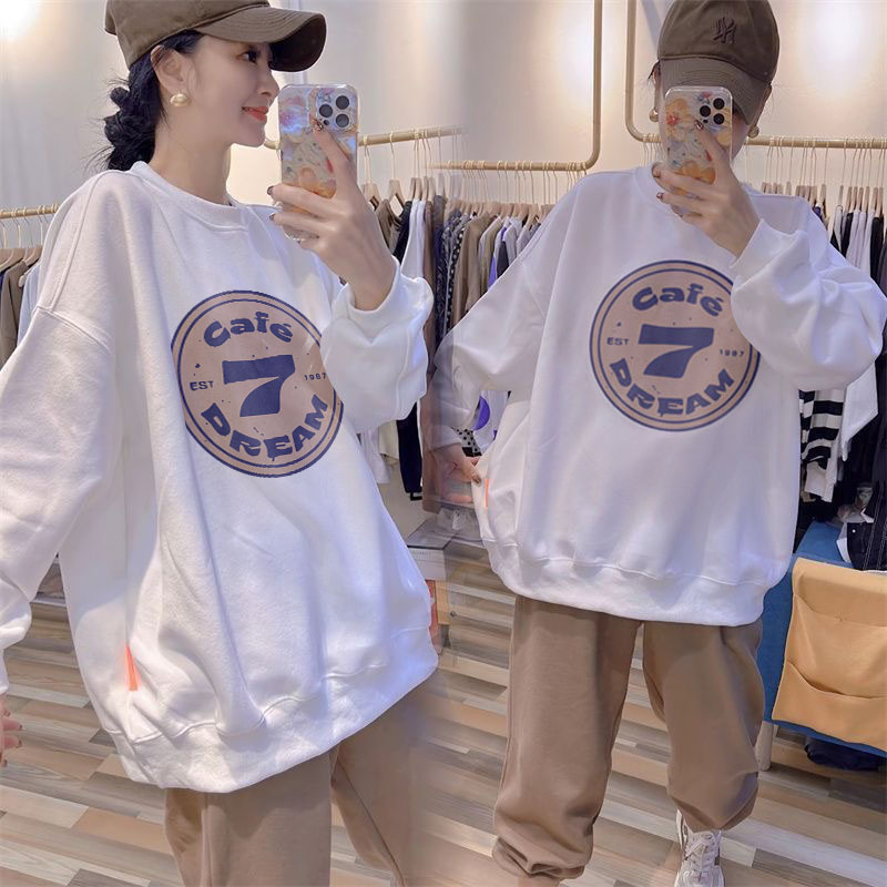 1.00 Kg-150.00 kg Plus Size Plus Size Ladies Fall and Winter New Fashion Simple Long Sleeves Printed All-Matching Velvet Padded Thickened Sweater Female Fashion