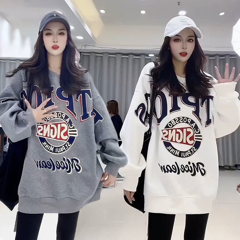 European Station Plus Size Women's Clothing 1.00 Kg-150.00 kg Plus Size Ladies Patchwork Contrast Color Small Letters Print Lazy Style Sweatshirt Women's Fleece-lined
