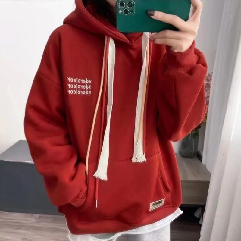 Plus Size Ladies Plus Size Velvet Padded Thickened Sweater Women's Winter New Arrival Fashion All-Match Three Rows Embroider Letter Hooded Outwear Women