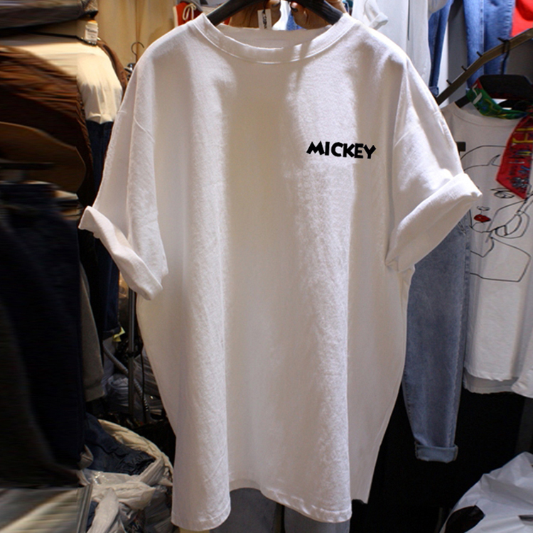 2023 Summer New Arrival Loose Slim Looking Oversized Printed Short Sleeves T-Shirt Female Mid Length Long Length White Ins Half Sleeve Tops Tide