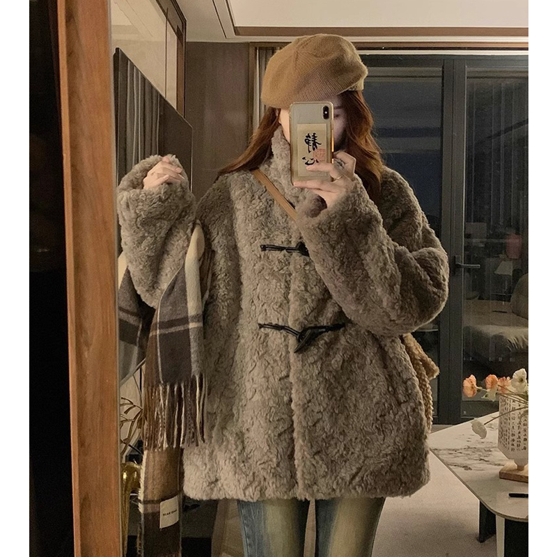 Plus Size Autumn Winter Retro Stand Collar Lamb Wool Mid-Length Coat - Fashionable, Versatile, Warm
