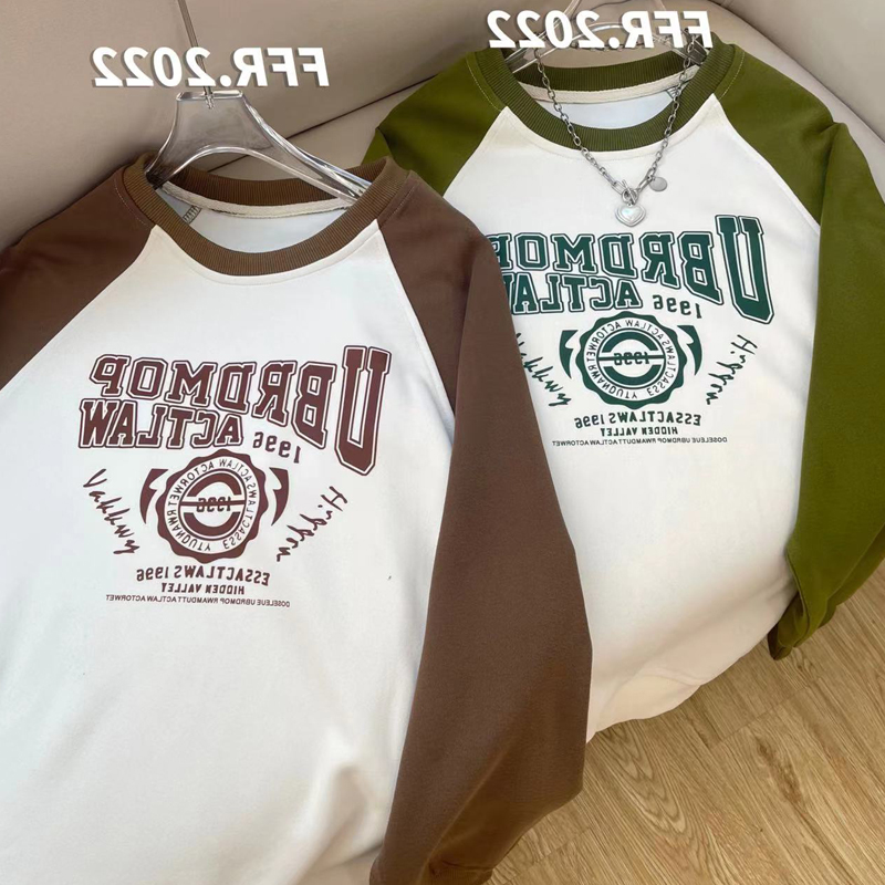Plus Size Ladies 1.00 Kg-150.00 kg Extra Large Size Loose Spring & Fall Raglan Contrast Color Pure Cotton Long Sleeves T-Shirt Female Print Tops Ins Fashion