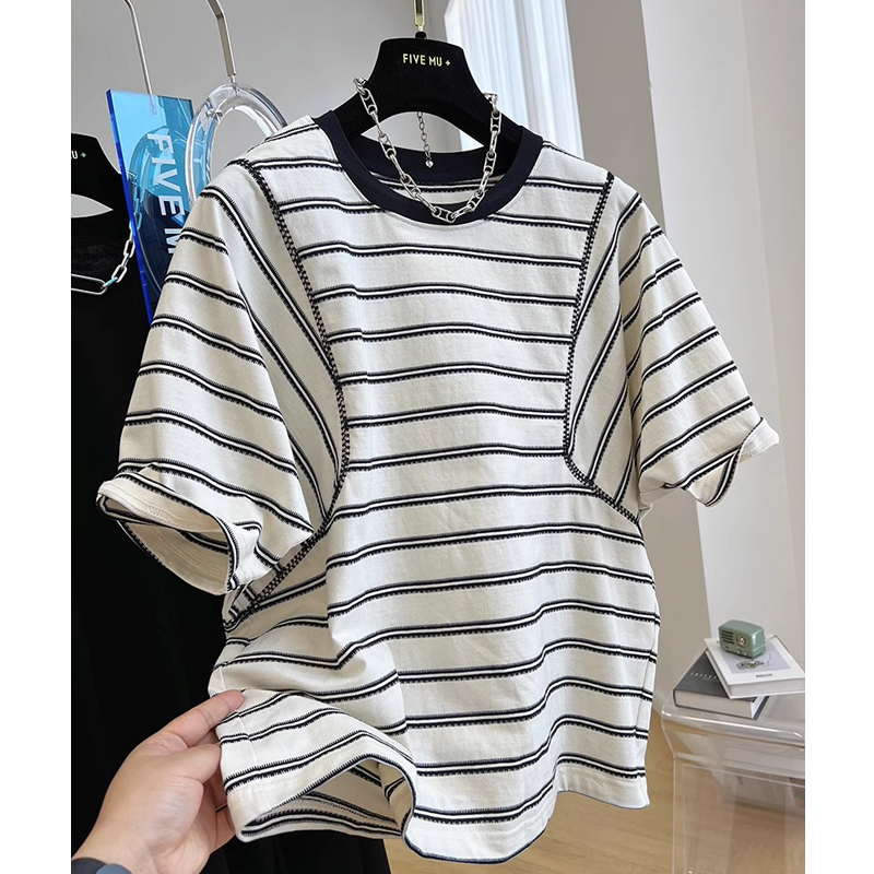 Extra Large Size Plus Size Ladies 1.00 Kg-150.00 kg Chic Batwing Sleeve Stripes Short Sleeve T-shirt Female Summer Thin Half Sleeve Loose Tops