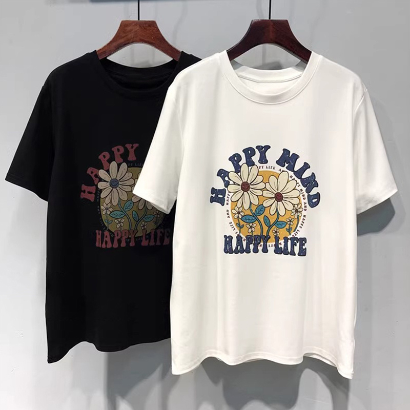 1.00 Kg-150.00 Kg Pure Cotton Short Sleeve T-Shirt Women's Summer Wear New Arrival K-style Plus Size Temperament Printed Shoulder T-shirt Top Ins