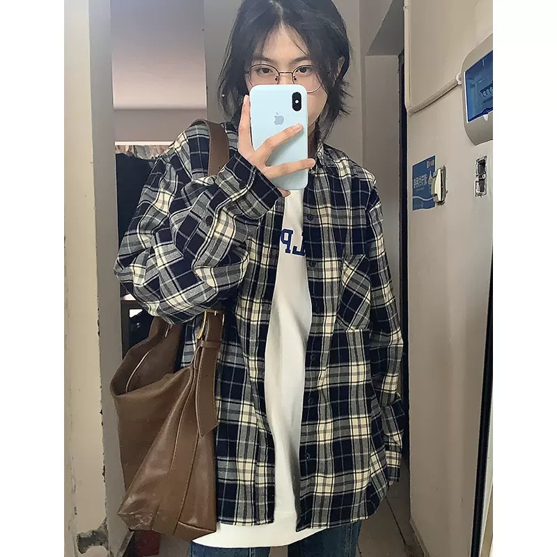 Plus Size 1.00 Kg-150.00 kg American Retro Black and White Gingham Long Sleeves Shirt Women's Spring & Fall Loose Easiest for Match Casual Sun-Proof Lining