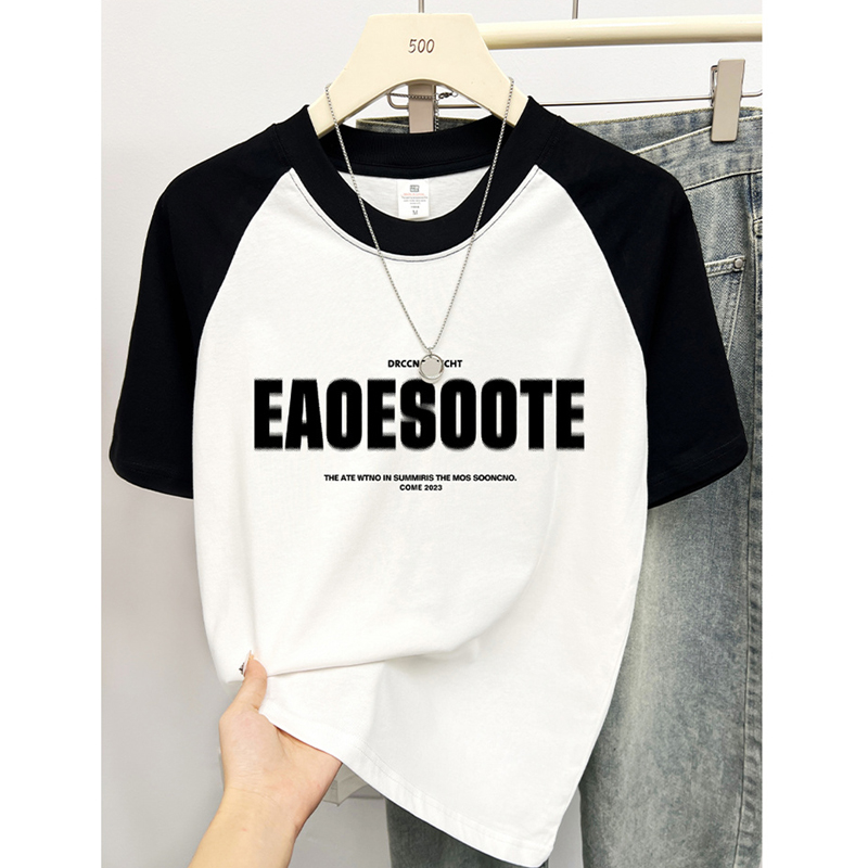 Summer Pure Cotton Raglan Sleeve T-Shirt Women 2024 New Patchwork Short Sleeve Plus Size Plus Size Ladies Slimming Contrast Color Cool Feeling Tops