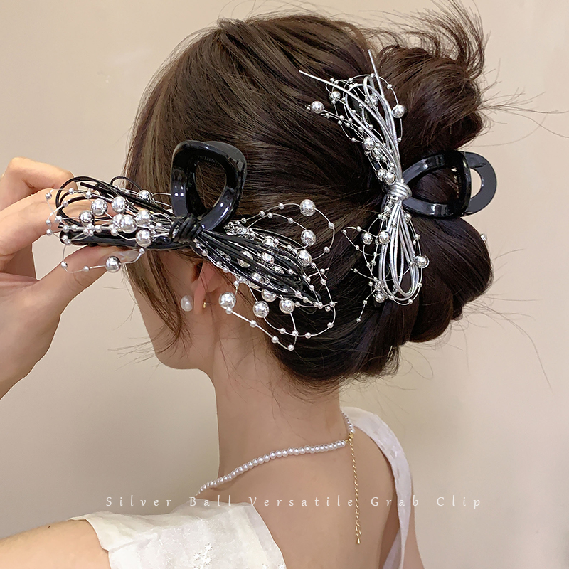 Silver Bows Large Grip Female Fancy Back Head Updo Shark Clip Hair Volume More than Hairpin Headdress