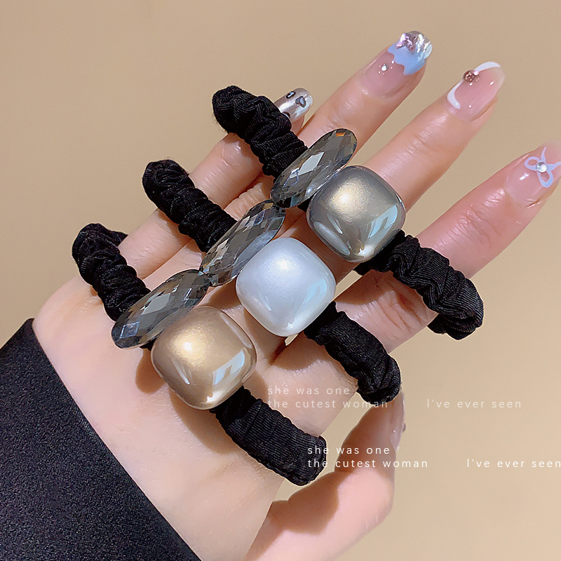 Korean Pearl Large Intestine Hair Band Female Online Influencer Hairtie Black High Elastic Durable Rubber Band Hair Rope Simple Hair Accessories