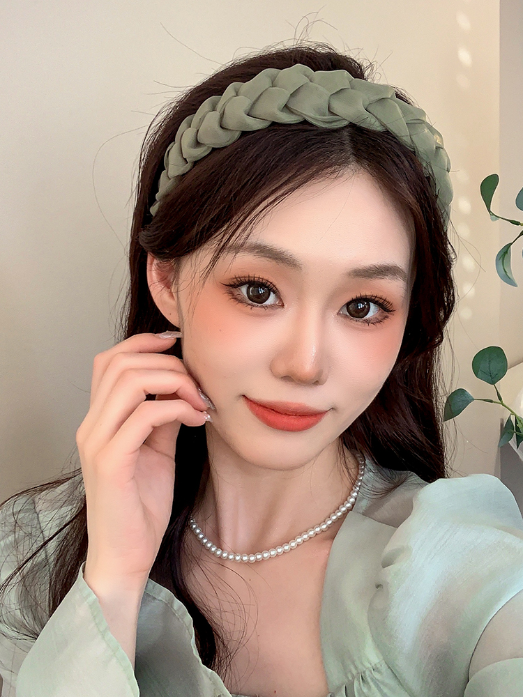Green Twist Braid Headband Female 2024 New Arrival High Skull Top Wide-Edged Headband Internet Celebrity Face Wash Non Slip Hair Hoop Headdress