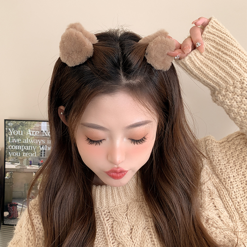 Cute Cat Ears Grip Female Small Size Side Stuffed Cropped Hair Clip Fall and Winter Brown Furry Hairpin Clip Headdress