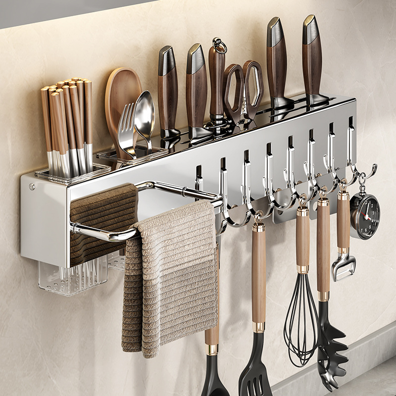 Stainless Steel Knife Kitchen Storage Rack Multi-Functional Punch-Free Wall-Mounted Knife Rack Chopstick Canister Kitchen Knife Integrated Storage Rack