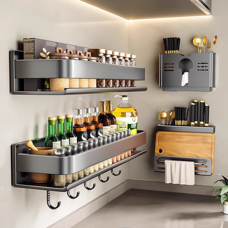 Accessible Luxury Kitchen Rack Seasoning Rack Carbon Steel Punch-Free Wall-Mounted Seasoning Household Utensils Wall Storage Rack