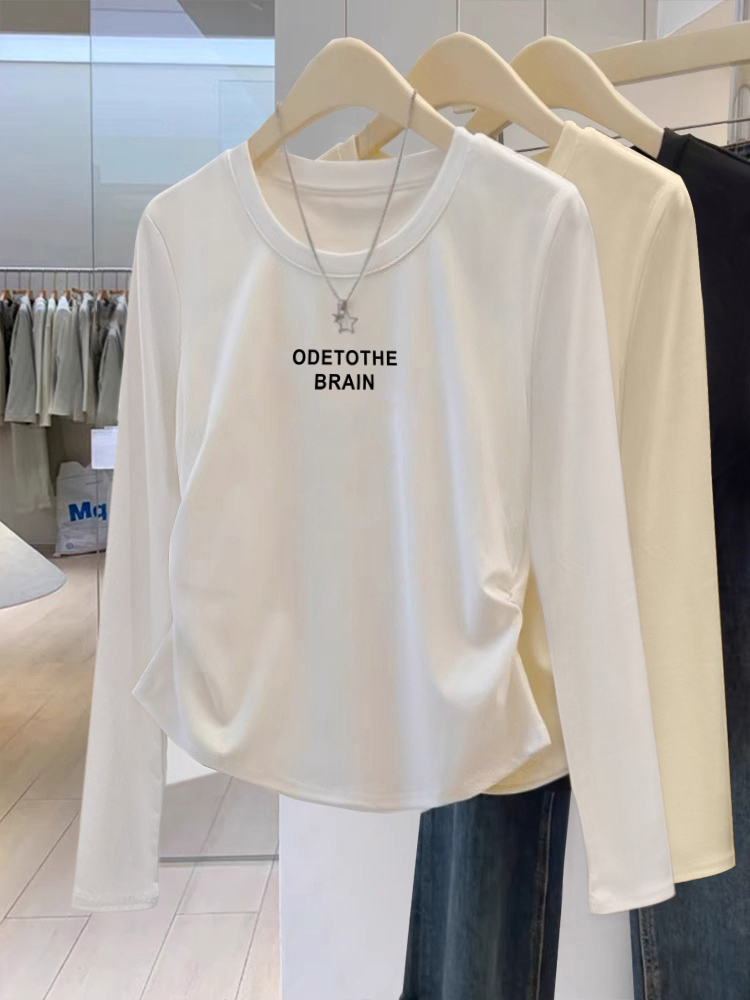 2025 Fall and Winter New Arrival Ruched Long Sleeves Bottoming Shirt Women's Curved Hem Irregular T-shirt Inner Wear 100% Cotton Coat