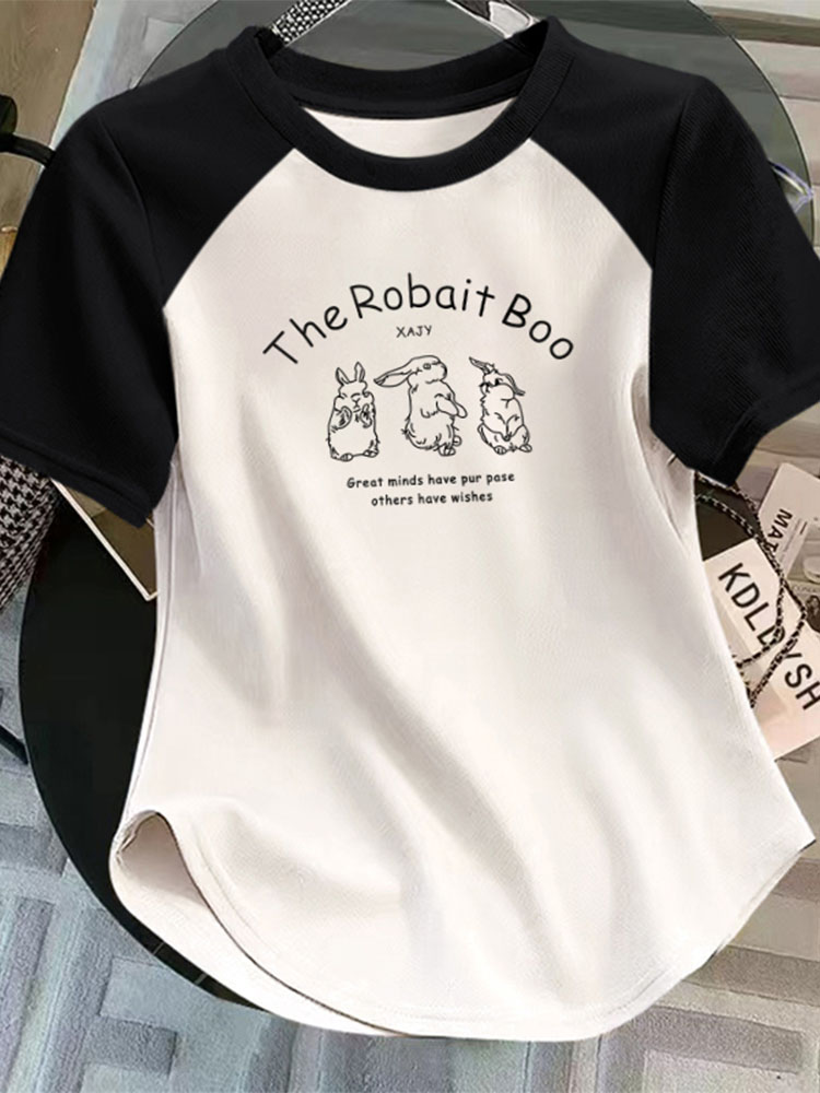 Raglan T-Shirt Women's Contrast Color Pure Cotton Short Sleeve Summer 2025 New Arrival K-style U-Shaped Hem Silm Slim Looking Shoulder Tops